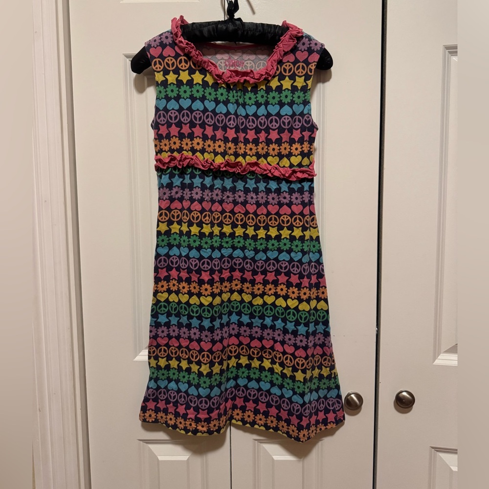 Girls Pink Peace Sign Dress Size 10/12 Stretch Short Sleeve Y2K Summer Retro